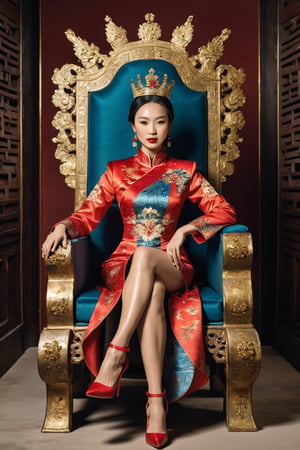 A Chinese Queen sitting in a throne wearing high heels crossing leg