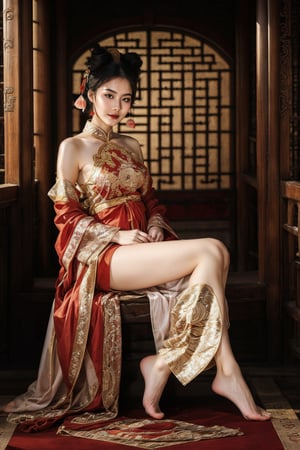 (fantasy art), 1 oriental girl,  ((full body, )) beautiful, perfect face, sweet face, A Chinese Queen sitting in a throne crossing legs, dark eyes, fantastic clothes, dressed in a intricate detailed traditional Chinese dress, background with oriental landscape, fantastic hairstyle,  fantasy, (masterpiece, photorealistic, absurd), dappled sunlight