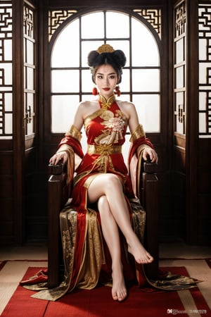 (fantasy art), 1 oriental girl,  ((full body, )) beautiful, perfect face, sweet face, A Chinese Queen sitting in a throne crossing legs, dark eyes, fantastic clothes, dressed in a intricate detailed traditional Chinese dress, background with oriental landscape, fantastic hairstyle,  fantasy, (masterpiece, photorealistic, absurd), dappled sunlight