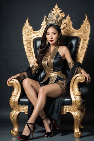 A Asian Queen sitting in a throne wearing high heels crossing leg