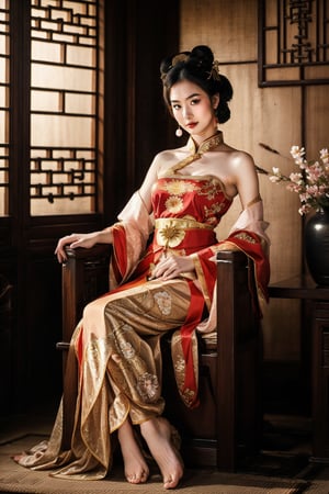 (fantasy art), 1 oriental girl,  ((full body, )) beautiful, perfect face, sweet face, A Chinese Queen sitting in a throne crossing legs, dark eyes, fantastic clothes, dressed in a intricate detailed traditional Chinese dress, background with oriental landscape, fantastic hairstyle,  fantasy, (masterpiece, photorealistic, absurd), dappled sunlight