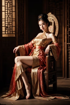 (fantasy art), 1 oriental girl,  ((full body, )) beautiful, perfect face, sweet face, A Chinese Queen sitting in a throne crossing legs, dark eyes, fantastic clothes, dressed in a intricate detailed traditional Chinese dress, background with oriental landscape, fantastic hairstyle,  fantasy, (masterpiece, photorealistic, absurd), dappled sunlight