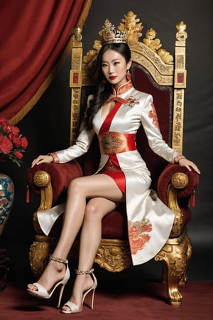 A Chinese Queen sitting in a throne wearing high heels crossing leg