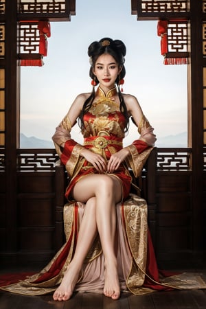 (fantasy art), 1 oriental girl,  ((full body, )) beautiful, perfect face, sweet face, A Chinese Queen sitting in a throne crossing legs, dark eyes, fantastic clothes, dressed in a intricate detailed traditional Chinese dress, background with oriental landscape, fantastic hairstyle,  fantasy, (masterpiece, photorealistic, absurd), dappled sunlight