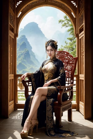 (fantasy art), 1 oriental girl,  ((full body, )) beautiful, perfect face, sweet face, A Chinese Queen sitting in a throne wearing high heels crossing legs, dark eyes, fantastic clothes, dressed in a intricate detailed traditional Chinese dress, background with oriental landscape, fantastic hairstyle,  fantasy, (masterpiece, photorealistic, absurd), dappled sunlight