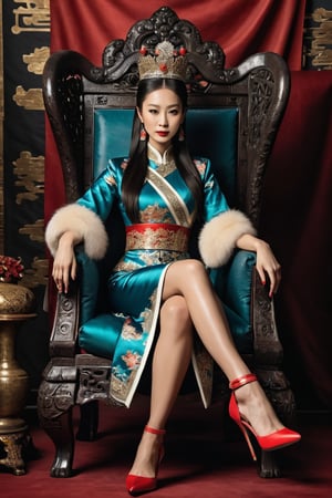 A Chinese Queen sitting in a throne wearing high heels crossing leg