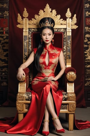 A Chinese Queen sitting in a throne wearing high heels crossing leg