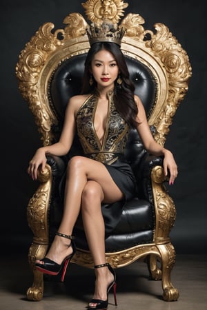 A Asian Queen sitting in a throne wearing high heels crossing leg