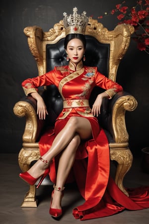 A Chinese Queen sitting in a throne wearing high heels crossing leg