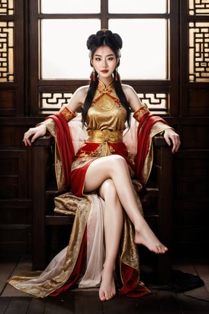 (fantasy art), 1 oriental girl,  ((full body, )) beautiful, perfect face, sweet face, A Chinese Queen sitting in a throne crossing legs, dark eyes, fantastic clothes, dressed in a intricate detailed traditional Chinese dress, background with oriental landscape, fantastic hairstyle,  fantasy, (masterpiece, photorealistic, absurd), dappled sunlight