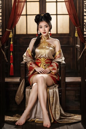 (fantasy art), 1 oriental girl,  ((full body, )) beautiful, perfect face, sweet face, A Chinese Queen sitting in a throne crossing legs, dark eyes, fantastic clothes, dressed in a intricate detailed traditional Chinese dress, background with oriental landscape, fantastic hairstyle,  fantasy, (masterpiece, photorealistic, absurd), dappled sunlight