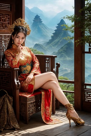 (fantasy art), 1 oriental girl,  ((full body, )) beautiful, perfect face, sweet face, A Chinese Queen sitting in a throne wearing high heels crossing legs, dark eyes, fantastic clothes, dressed in a intricate detailed traditional Chinese dress, background with oriental landscape, fantastic hairstyle,  fantasy, (masterpiece, photorealistic, absurd), dappled sunlight