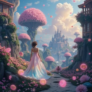 An enchanting whimsical woman with flowing, colorful attire, exuding an ethereal presence, stands amidst a surreal landscape of floating islands and oversized flowers. Whimsical creatures roam around, adding to the vibrant and surreal colors of the dreamlike atmosphere. Whimsical architecture and fantasy elements, including magical glowing orbs, are intricately detailed. Soft and magical lighting enhances the digital painting, rendered in a high-resolution fantasy art style. The imaginative and surreal concept is brought to life with a sense of wonder and magic.