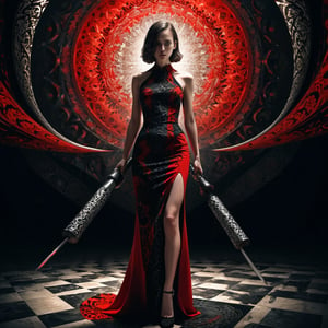 a woman, vibrant red and black dress, intricate patterns, surrealistic setting, distorted proportions, abstract background, mace weapon, detailed textures, mind-bending perspective, unique and imaginative, artistically daring, mysterious lighting effects