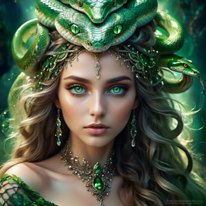 an enchanting female portrait, captivating green eyes, intricate green headdress, snake-shaped jewel embellishment, flowing locks, ethereal beauty, mystical aura, fantasy-inspired, detailed features, vibrant colors, magical lighting, fantasy art style