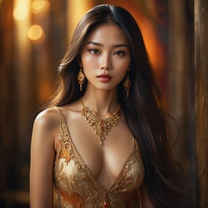 exotic female beauty, asian and latin features, long flowing hair, almond-shaped eyes, full lips, golden skin, elegant dress, intricate jewelry, mysterious atmosphere, penetrating gaze, enigmatic expression, minimalist background, warm and vibrant colors, soft light, realistic details, artistic portrait