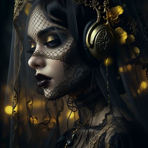 enigmatic woman profile, intricate lace veil, piercing gaze, dark lipstick, gothic jewelry, surreal floating elements, eerie shadows, intricate details, ornate headphones, ethereal atmosphere, mysterious aura, deep contrasts, surreal gothic vibes, digital art, high resolution, black and yellow colors palette, dramatic lighting