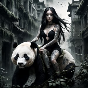 enigmatic woman, long flowing hair, intricate tattoos, riding a majestic panda, massive in size, fur patterns of black and white, glowing eyes, surreal setting of a decaying city, overgrown with vines, crumbling buildings, ominous atmosphere, dark fantasy theme, detailed textures, eerie lighting casting deep shadows, hints of magic in the air