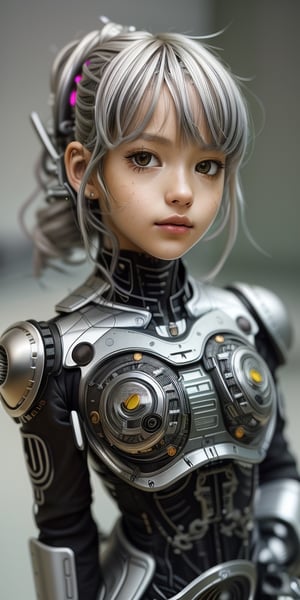 SFW, (masterpiece:1.3), AIDA_LoRA_AnC as cyborg in style of AIDA_ColGruBioMec, pretty face, beautiful child, dramatic, curly silver hair, silver flowers, air intaces on her chest, gears on her shoulders, blurry gray background, depth of field, sharp focus on the subject, f 1.8