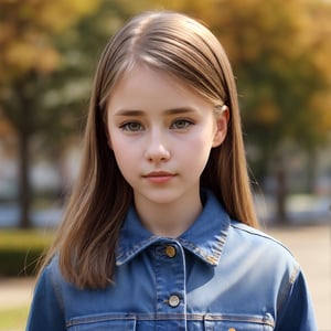 8k, (masterpiece:1.3), ultra-realistic, UHD, highly detailed, best quality, 1girl, petite, distant short, full_body, close up portrait of self-assurance (AIDA_LoRA_HanF:1.1) as (12 years old girl:1.1) standing in the park, (wearing denim jacket:1.1), beautiful realistic girl, cute girl, skinny, slim, fitness, natural hair, dynamic pose, cinematic, dramatic, hyper realistic, studio photo, hdr, f1.6, getty images, (colorful:1.1)