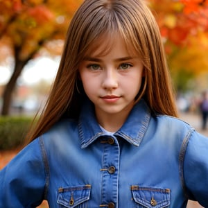 8k, (masterpiece:1.3), ultra-realistic, UHD, highly detailed, best quality, 1girl, petite, distant short, full_body, close up portrait of self-assurance (AIDA_LoRA_HanF:1.1) as (12 years old girl:1.1) standing in the park, (wearing denim jacket:1.1), beautiful realistic girl, cute girl, skinny, slim, fitness, natural hair, dynamic pose, cinematic, dramatic, hyper realistic, studio photo, hdr, f1.6, getty images, (colorful:1.1), autumn fall, sunset