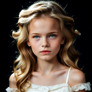 score_9, score_8_up, score_7_up, score_6_up, score_5_up, score_4_up, masterpiece, best quality, perfect anatomy, very aesthetic, a beautiful AIDA_PXLR_aaver with long curly hair in, girl, black background, portrait, child, beauty, makeup, hair, fashion, cute, innocent, portrait photography, studio, 1girl, solo, long_hair, curly_hair, looking_at_viewer, blonde_hair, eyelashes, portrait, black_background, realistic, nose, 10 years old 