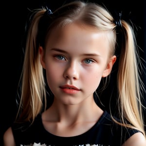 score_9, score_8_up, score_7_up, score_6_up, score_5_up, score_4_up, masterpiece, best quality, perfect anatomy, very aesthetic, a beautiful AIDA_PXLR_HanF with long blonde hair in a ponytail, girl, ponytails, black background, portrait, child, beauty, makeup, hair, fashion, cute, innocent, portrait photography, studio, 1girl, solo, long_hair, looking_at_viewer, blonde_hair, twintails, lips, eyelashes, black_background, realistic, nose