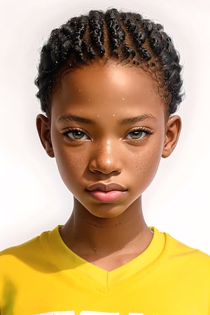 SFW, (masterpiece:1.3), close up portrait of (AIDA_LoRA_EmSam:1.1) in (yellow t-shirt:1.1), little girl, pretty face, beautiful child, very detailed face, (very short afro hair), [bold], [bold afro girl], (looking at viewer with love:1.3), (very detailed natural skin with pores), dolly short, parted lips, dramatic, composition, (studio photo:1.3), (trending on artstation:1.3), kkw-ph1, hdr, f1.5, colorful, (white background:1.1), (isolated on white:1.1), stunningly beautiful, simple background