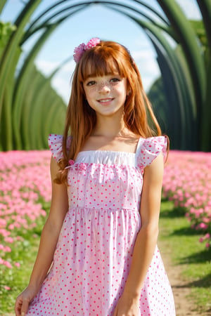 SFW, best quality, extra resolution, portrait of ginger (AIDA_LoRA_EvaR:1.3) wearing a dress with polka dot pattern and posing for a picture in the flower field, freckles, little girl, pretty face, beautiful child, naughty, funny, happy, playful, intimate, cinematic, dramatic, insane level of details, outdoors, sunlight