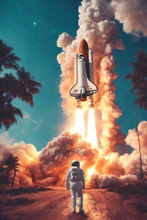 photo of a big rocket with astronaut, realistic ,((photo in the style of dreamypetra:1.2)) 