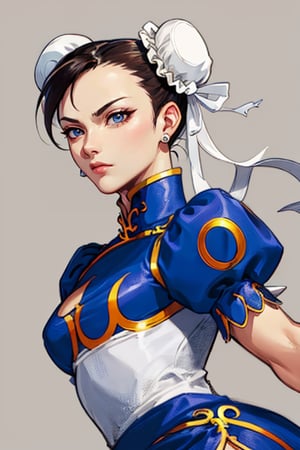 SF2CL, hair buns, covered buns, chinese dress, qipao, blue outfit, spiked bracelets, puffy sleeves, brown pantyhose, white belt, white boots, masterpiece, highres, perfect face, detailed eyes, detailed face, 