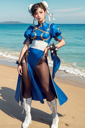 SF2CL, hair buns, covered buns, chinese dress, qipao, blue outfit, spiked bracelets,  (white belt:0.2), puffy sleeves, brown pantyhose, white boots, masterpiece, highres, perfect face, detailed eyes, detailed face, at the beach, 