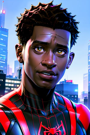 detailed face, detailed eyes, masterpiece, highres, miles morales, SFW:1.2, city at night, brown eyes, male, unmasked