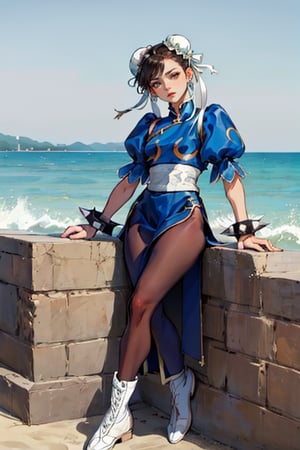 SF2CL, hair buns, covered buns, chinese short dress, qipao, blue outfit, spiked bracelets,  (white belt:0.5), puffy sleeves, brown pantyhose, white boots, masterpiece, highres, perfect face, detailed eyes, detailed face, at the beach, 