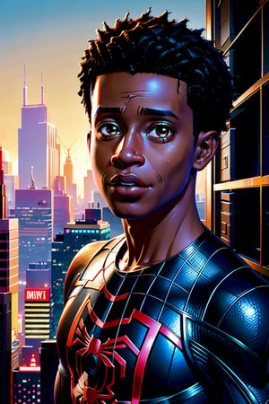 detailed face, detailed eyes, masterpiece, highres, miles morales, SFW:1.2, city at night, brown eyes, male, unmasked