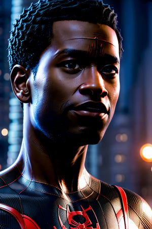 detailed face, detailed eyes, masterpiece, highres, miles morales, SFW:1.2, city at night, brown eyes, male, unmasked