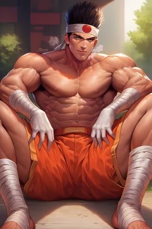(source_anime, score_9, score_8_up, score_7_up:1),   orange shorts, white hands wrap, 1guy, male, (headband),white foot wraps, hands on legs,  view from front, sitting, at Central Park, JoeHigashi, outdoors:1.5, heavy breathing, sweaty