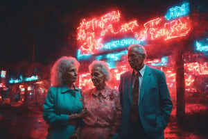 photo in the style of dreamypetra of a elderly couple under neon sign 