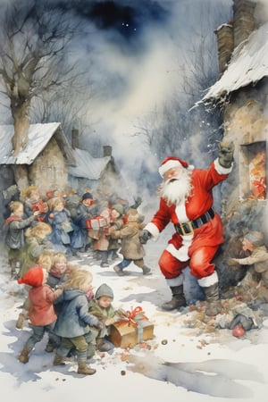 vibrant colour, watercolor, winter, a very furious santa fighting off children, gifts littered on the ground, style of (Alan Lee) bold shadows, captivating scene, masterpiece
