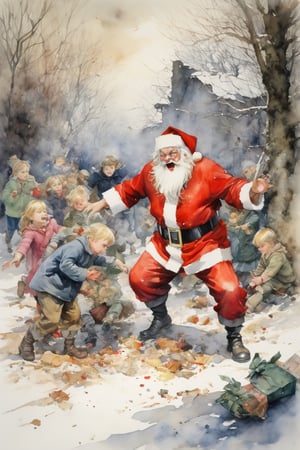 vibrant colour, watercolor, winter, a furious santa fighting off children, gifts littered on the ground, style of (Alan Lee) bold shadows, captivating scene, masterpiece
