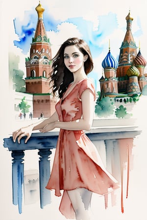 watercolor of a woman in Moscow , starring at the city, dressed with a pink dress, green eyes, dark brown hair, very fancy, elegant,