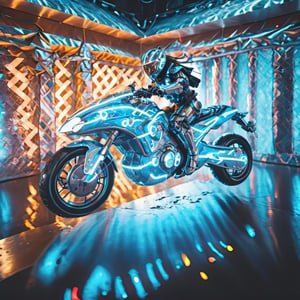a classic retro-futuristic anti gravity motorbike floating above the ground, motion blur, highspeed, Bioluminescence, bloom, glare, lensflare, cinematic light, electric spark, cyborg style,Movie Still,cyberpunk style,neon photography style