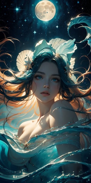 ultra highly detailed, cinematic, 32k,  , luminism, detailed oil painting by Dorian Vallejo, Damian Lechoszest, Todd Lockwood, cgsociety, storybook illustration,  nightmare ethereal transparent  sea spirit ghost creature made of sea foam , big blue ocean glowing eyes,   cute face,   stars, ginger hair, highly detailed luminous  unusual  delicate   the sea,   sea waves, color drops, extremely big moon, moonlight, stars, night. seashells, detailed sky with clouds, highly detailed, intricated, intricated pose, oil painting, thick strokes,  , masterpiece, high quality, Van Gogh starry sky, centered , perfect composition, 