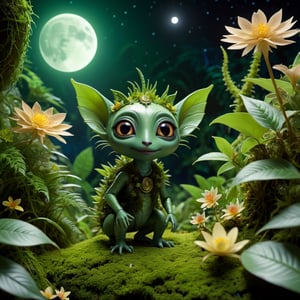 "Stunning photograph of a cute mini woman alien animal creature fully overgrown with plans leafes, flowers and moss  in a jungle of an alien planet at night backlit by a crescent moon,  detailed, masterpiece, volumetric lighting" by  Nikolina Petolas, Peter Gric, Dariusz Klimczak, surreal hallucinatory intricately detailed sharp focus",Movie Still,3d style