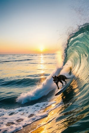photorealistic 32k, dog surfing a wave, cinematic lighting, sunset 