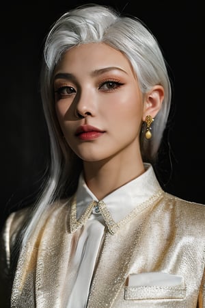 Full body view, photo, rule of thirds, dramatic lighting, medium lite white hair, detailed face, detailed nose, 
25 Years Chinese girl fan binbing wearing golden full suit, smirk, tattoo, intricate background , Outside 
,realism,realistic,raw,analog,woman,portrait,photorealistic,analog,realism, earrings, 