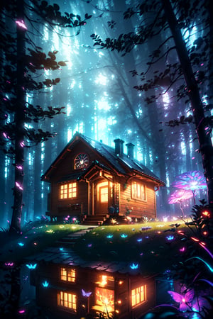 style of Anato Finnstark, a beautiful landscape of a small house, thematic background, neon, glow, fluttering symbols, | depth of field, bokeh, | smooth detailed shadows, hyperealistic shadows, (saturated colors:1.2) | (game cg, unreal engine, pixar style), (3d model)