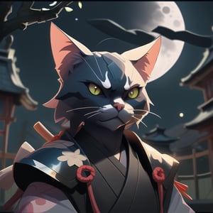 samurai cat , face , simplistic , neon , moonlight, moon warrior