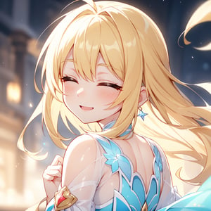 In this close-up portrait, the anime girl with blonde hairs stands in a moment frozen in time, head tilted slightly upward and turned back, creating an endearing pose. With her body facing forward, she rotates her neck to glance over her shoulder, a playful and joyful expression adorning her face. Her head turns enough to reveal about half of her face, offering a glimpse of her enchanting smile and closed eyes that convey pure happiness.

The animation of her turning to look back captures the essence of someone being called from behind, responding with delight and anticipation. Her cheeks are delicately flushed with a rosy blush, adding a touch of warmth to her already beaming countenance.

This super-close portrait centers on the intimate moment of her looking back, encapsulating the excitement and happiness of being called by someone she cherishes. The focus remains on her joyful expression, capturing the subtle yet captivating emotions of the fleeting moment.Under the serene night sky, the anime girl stands frozen in a moment of joy. The setting now bathed in the soft glow of moonlight and the vivid colors of the fireworks illuminating the darkness.