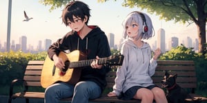 The sun is setting, casting a warm glow over the city. A young couple is sitting on a bench in the park, enjoying the peaceful evening. The boy is playing guitar, and the girl is singing along. Their voices blend together perfectly, creating a beautiful melody.

The boy and girl are both dressed in comfortable clothes. The boy is wearing a hoodie and jeans, and the girl is wearing a sweater and skirt. They are both wearing headphones, but the music is so quiet that they can still hear the sounds of the birds chirping and the wind rustling through the trees.

The couple is completely absorbed in each other. They are not paying attention to the people walking past them or the dogs running around. They are only focused on each other and the music they are making together.

The boy and girl's relationship is still new, but they are already deeply in love. They love spending time together and sharing their passions with each other. They are both creative and talented, and they inspire each other to be the best versions of themselves.

As the sun sets and the sky turns a deep blue, the boy and girl continue to play and sing together. They are lost in their own little world, and they don't want the moment to end.